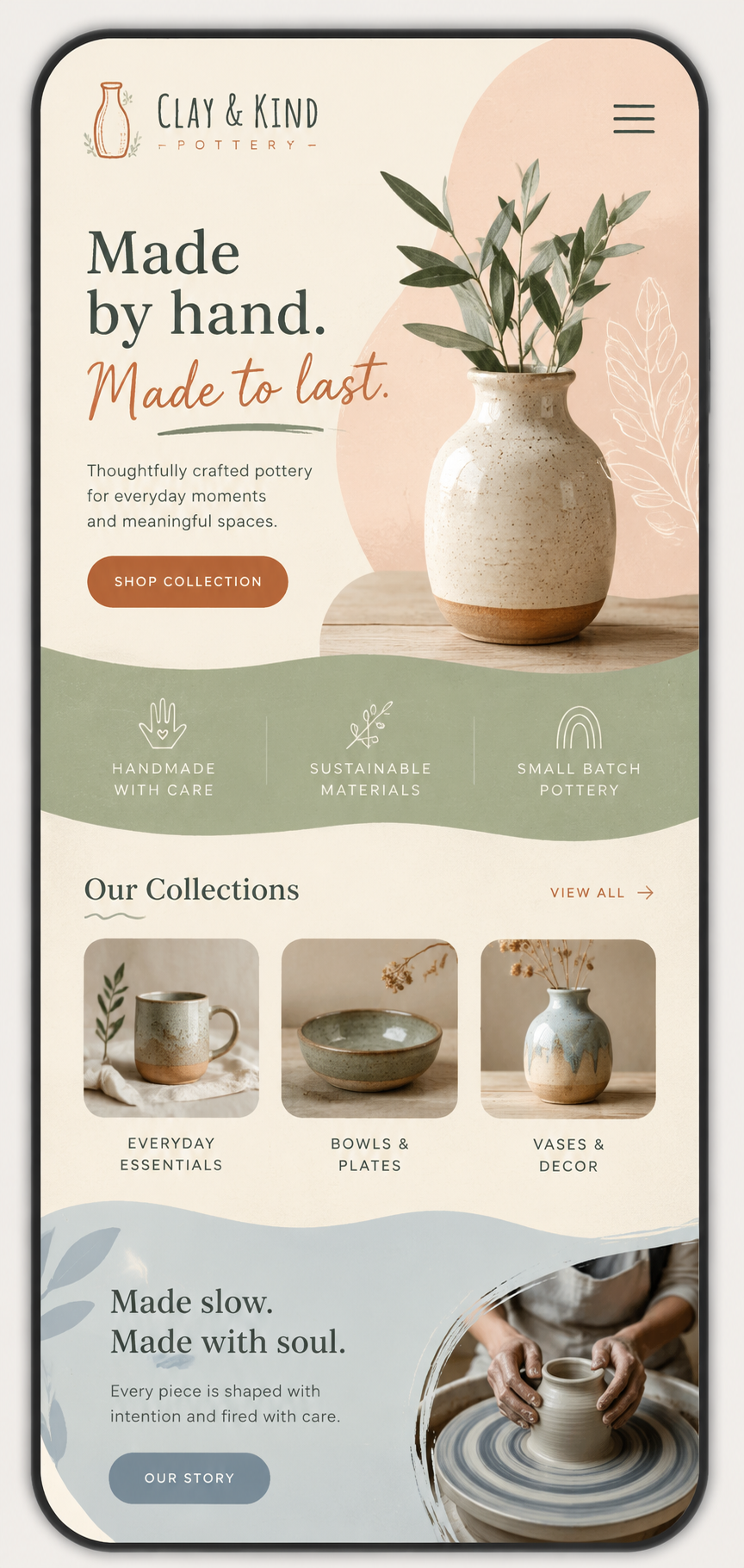 Clay & Kind Pottery website mockup on mobile