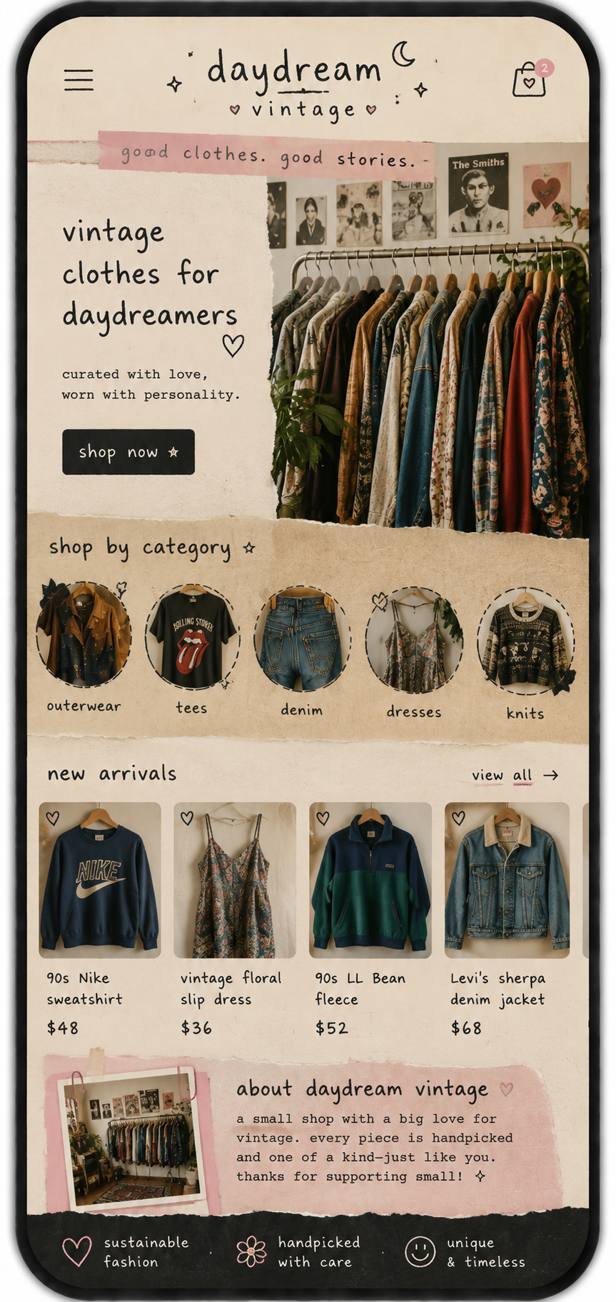 Daydream Vintage clothing shop website on mobile