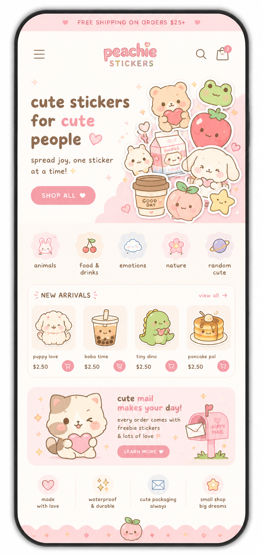 Peachie Stickers e-commerce website on mobile