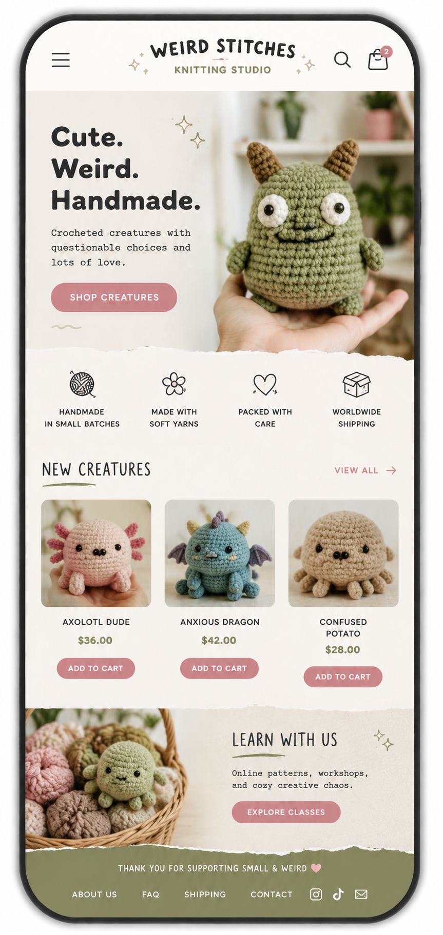 Weird Stitches knitting studio website on mobile